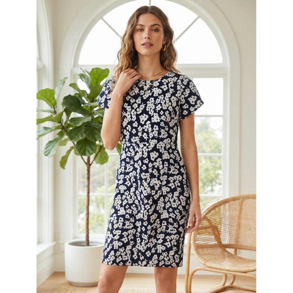 Ann Taylor Factory Dress Women 12 Navy Blue Floral Sheath